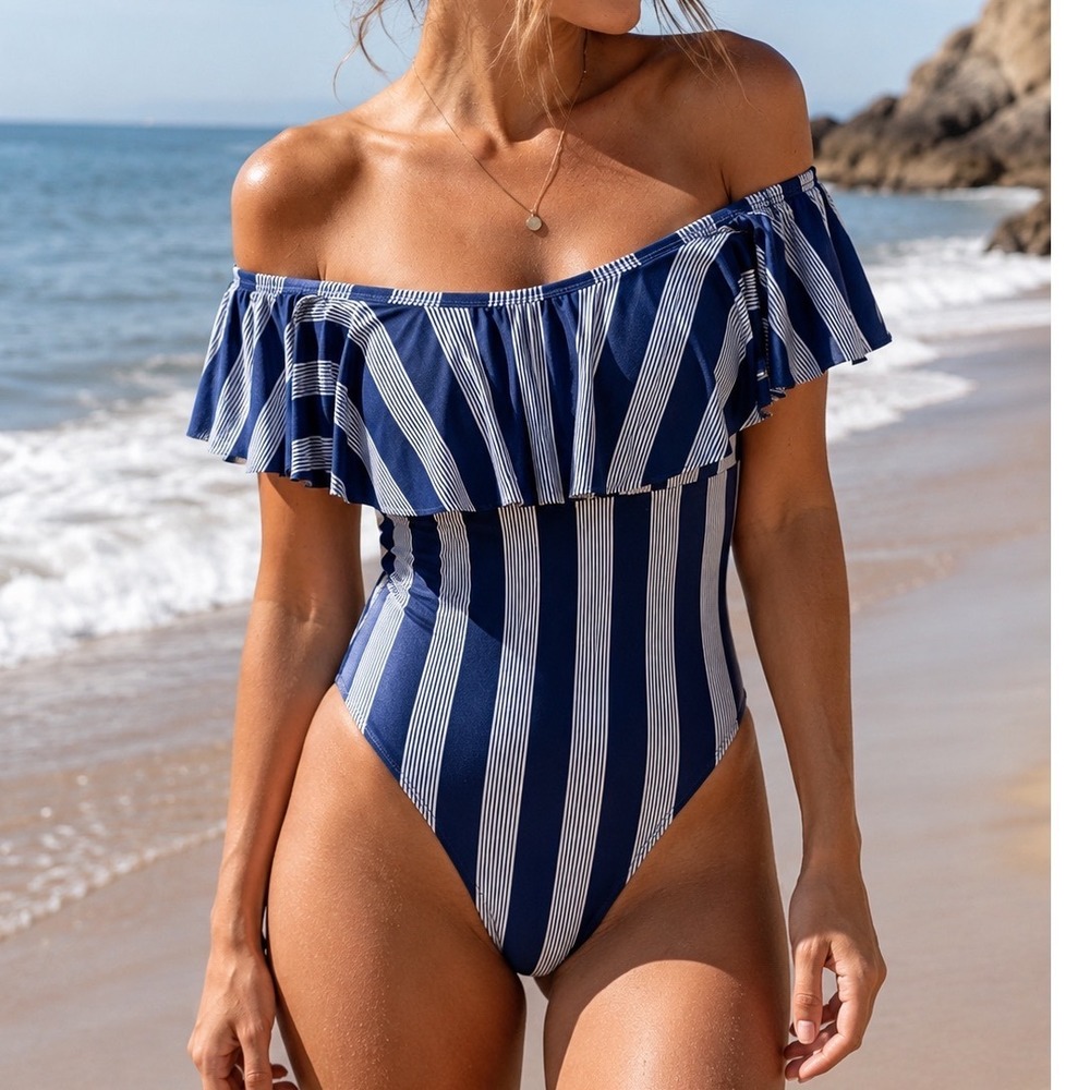 Splendid One Piece Swimsuit Medium Blue White Stripe Off Shoulder Ruffle